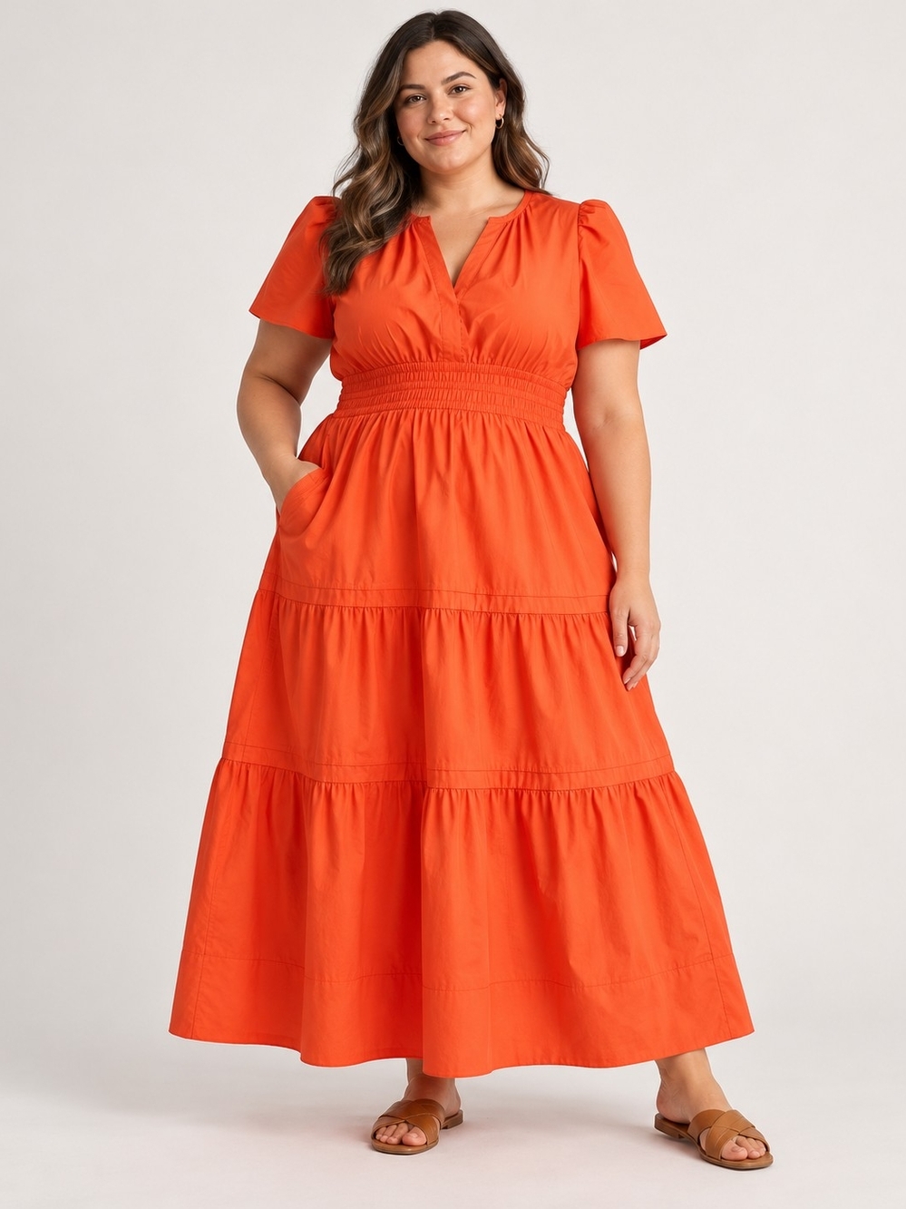 Quince 100% Organic Cotton Poplin Tiered Maxi Dress Orange XL